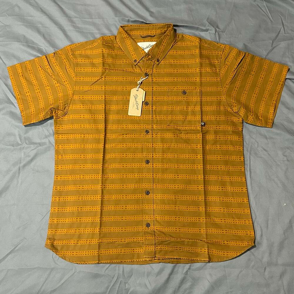 Duck Camp Daily Grind Short Sleeve Button Down Shirt Rust Brown Fish Bone